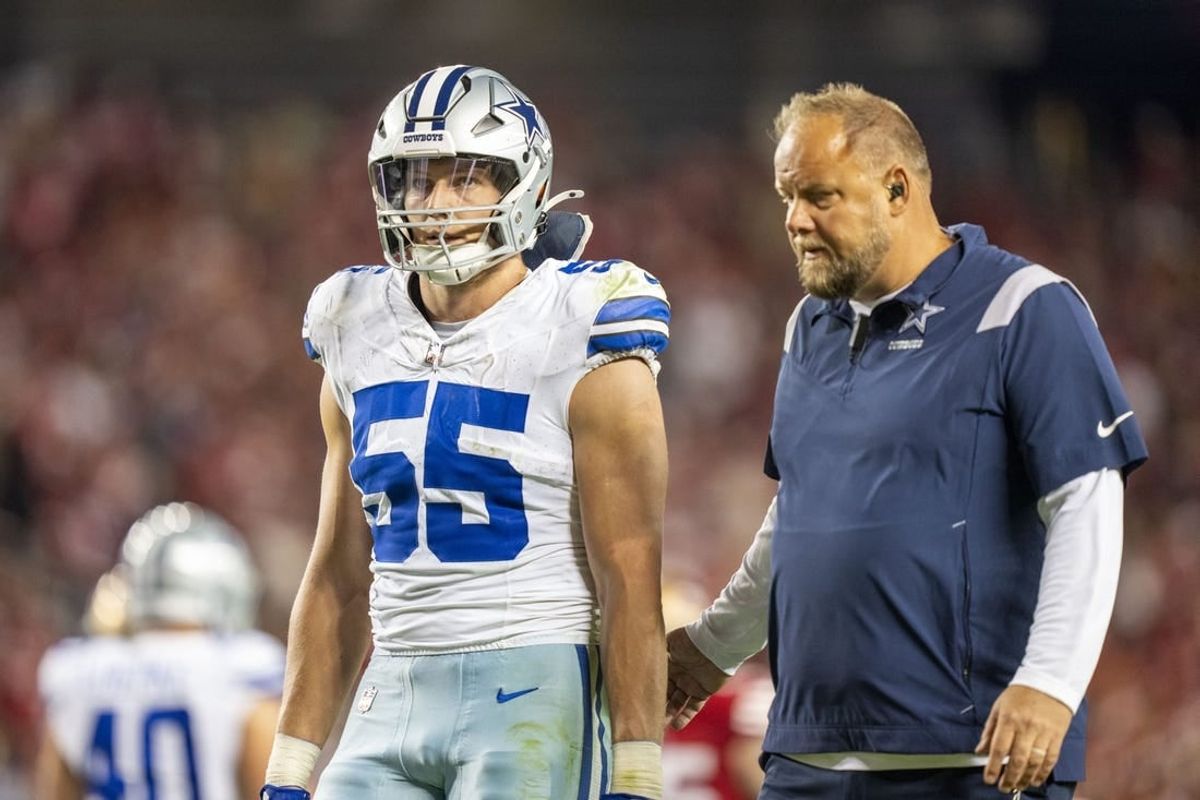 October 8, 2023; Santa Clara, California, USA; Dallas Cowboys linebacker Leighton Vander Esch (55) leaves the game after an injury during the fourth quarter against the San Francisco 49ers at Levi's Stadium.