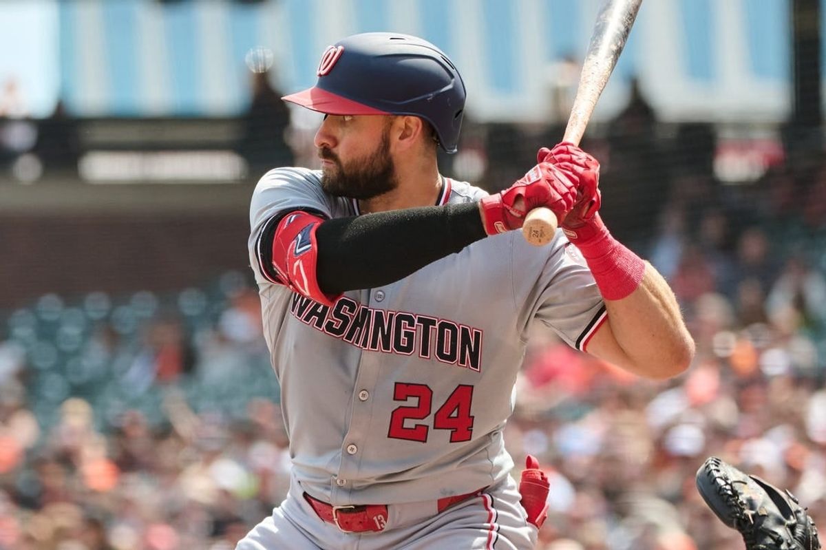 Apr 10, 2024; San Francisco, California, USA; Washington Nationals first baseman Joey Gallo (24) bats against the San Francisco Giants during the fourth inning at Oracle Park.