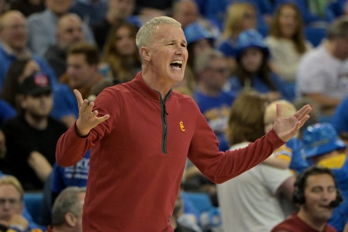 Feb 24, 2024; Los Angeles, California, USA;  USC Trojans head coach Andy Enfield yells from the bench in the second half against the UCLA Bruins at Pauley Pavilion presented by Wescom.