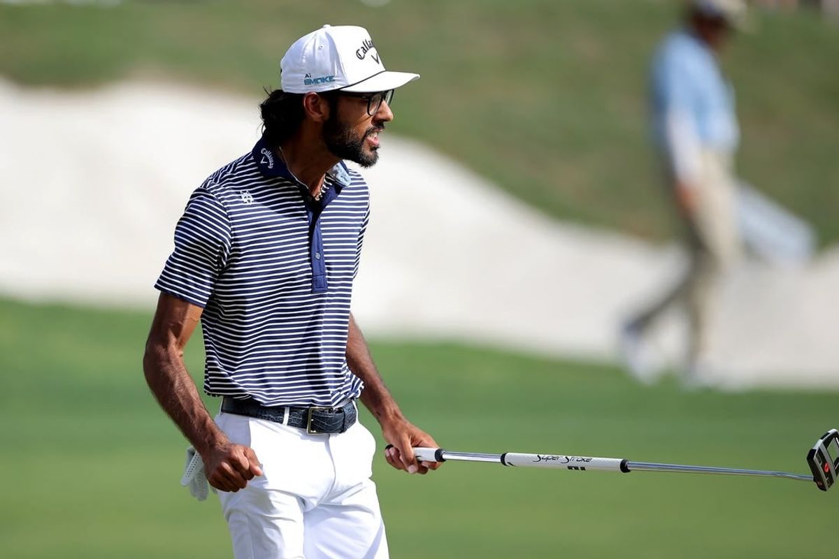 Apr 7, 2024; San Antonio, Texas, USA; Akshay Bhatia reacts after making a putt on the 18th hole to force a playoff during the final round of the Valero Texas Open golf tournament.