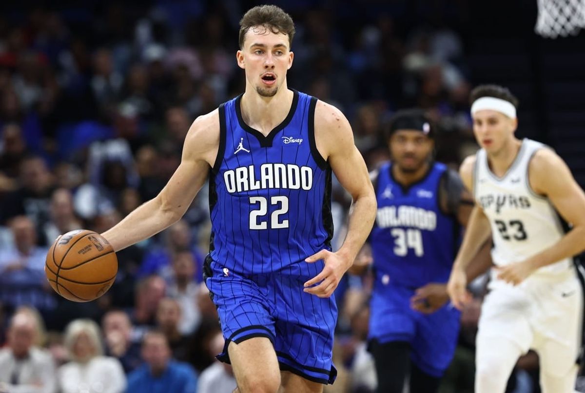 Feb 8, 2024; Orlando, Florida, USA; Orlando Magic forward Franz Wagner (22) drives to the basket against the San Antonio Spurs during the second quarter at Kia Center.
