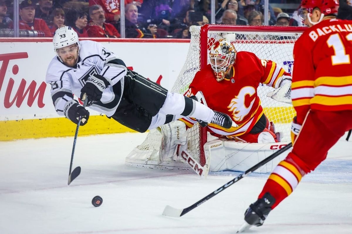 Mar 30, 2024; Calgary, Alberta, CAN; Calgary Flames goaltender Jacob Markstrom (25) makes a save against Los Angeles Kings left wing Viktor Arvidsson (33) during the third period at Scotiabank Saddledome.