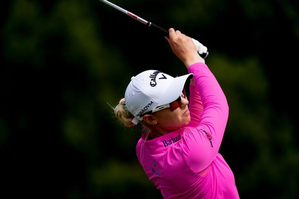 Madelene Sagstrom, of Sweden, tees off on hole 3 during the final round of the 2023 Kroger Queen City Championship in at Kenwood Country Club in Madeira, Ohio, on Sunday, Sept. 10, 2023.