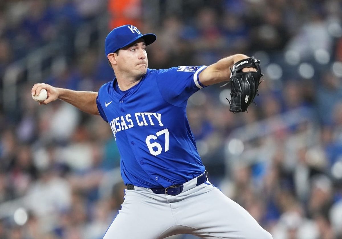 May 1, 2024; Toronto, Ontario, CAN; Kansas City Royals starting pitcher Seth Lugo (67) throws a pitch against the Toronto Blue Jays during the first inning at Rogers Centre.