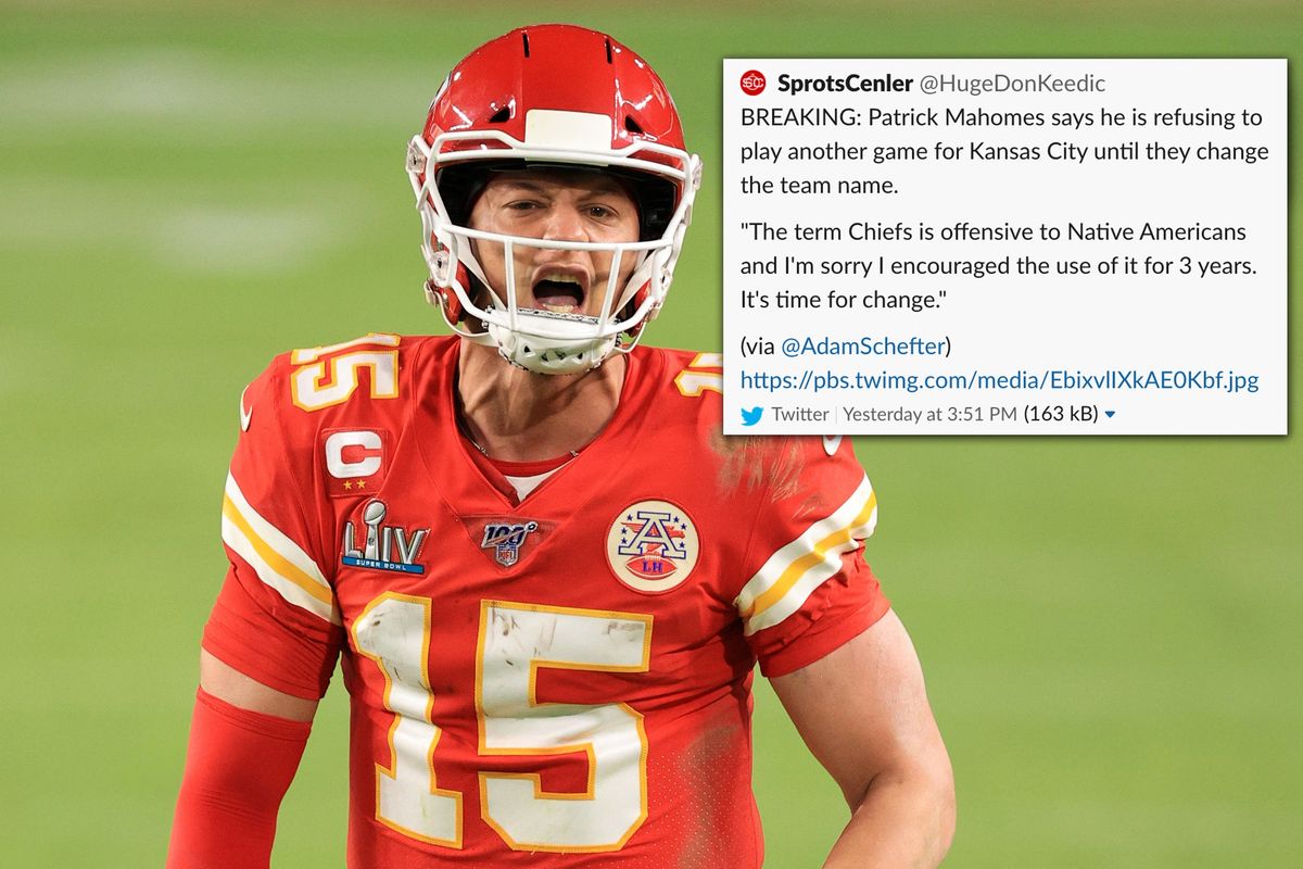 Patrick Mahomes didn’t actually threaten to sit out if the Kansas City Chiefs don’t change their name, but the fake tweet shows the power that he and other Black quarterbacks have.