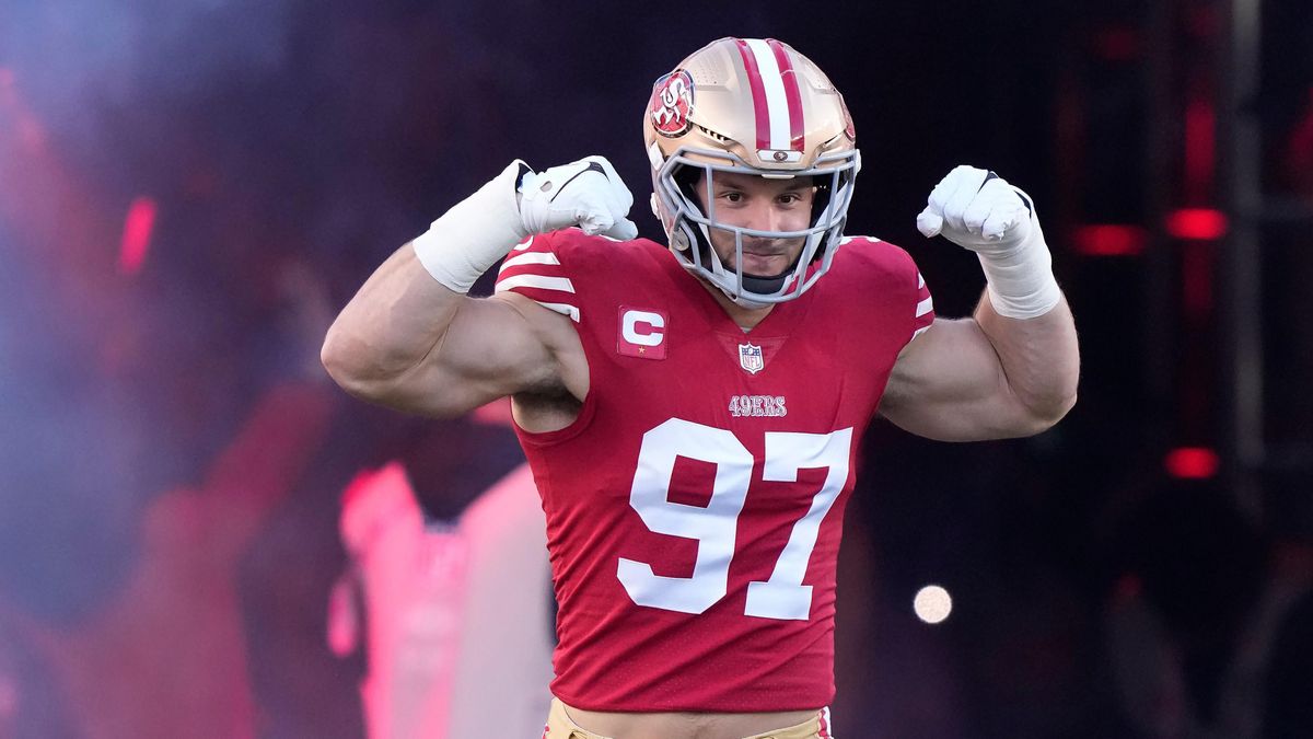 San Francisco 49ers defensive end Nick Bosa is introduced before a playoff game against the Dallas Cowboys