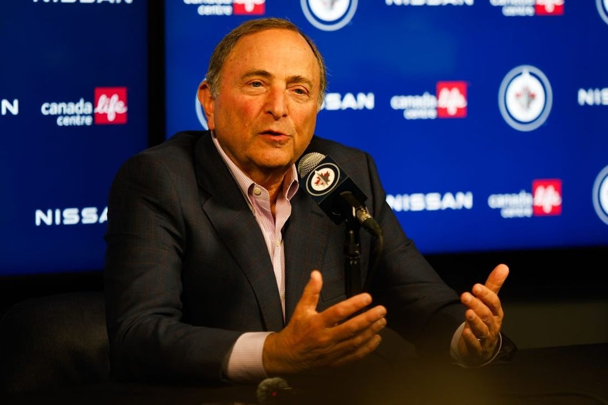 Feb 27, 2024; Winnipeg, Manitoba, CAN; NHL Commissioner Gary Bettman talks to the press before the Winnipeg Jets vs St. Louis Blues game at Canada Life Centre.