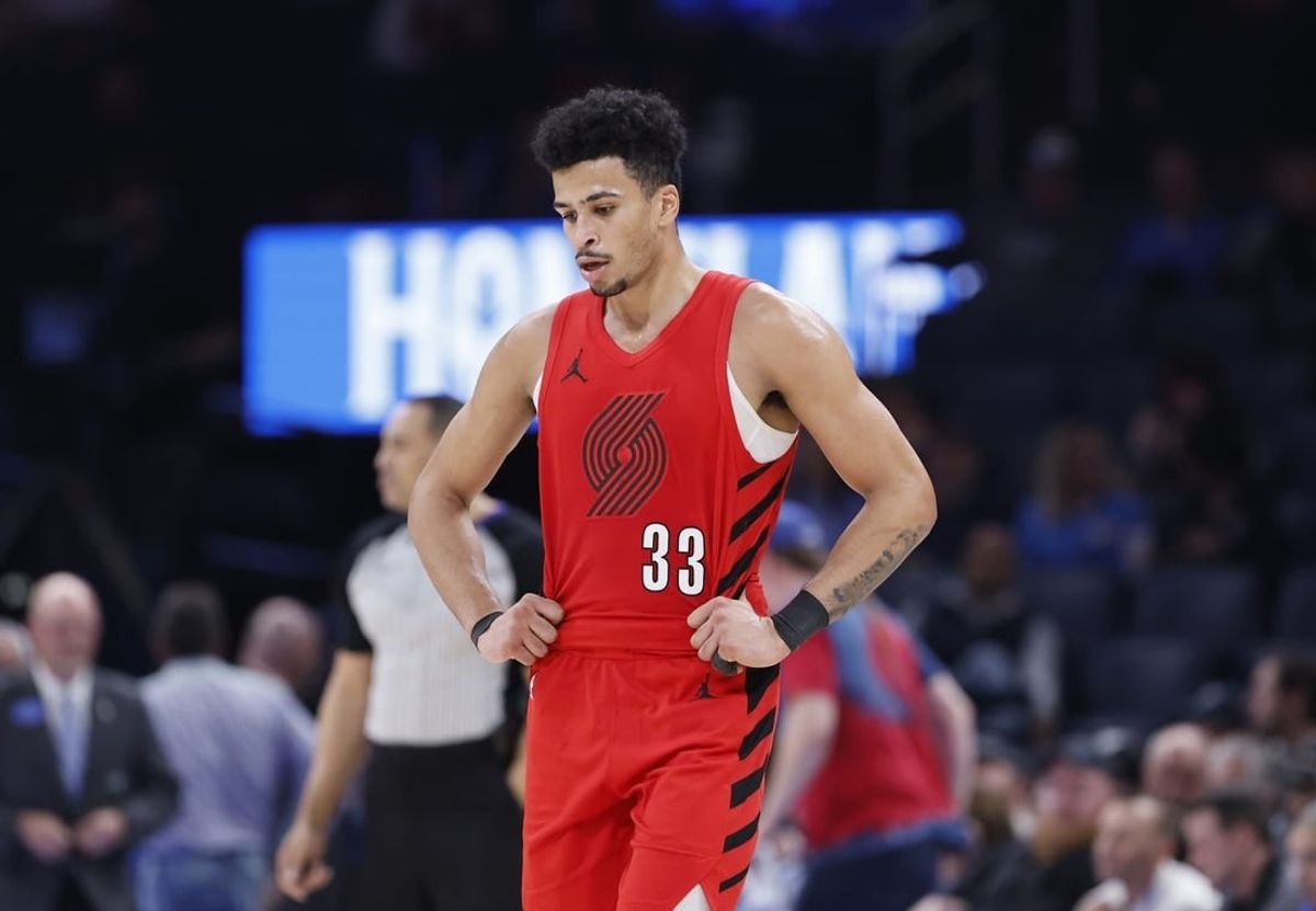 Jan 11, 2024; Oklahoma City, Oklahoma, USA; Portland Trail Blazers forward Toumani Camara (33) between plays against the Oklahoma City Thunder during the second half at Paycom Center.