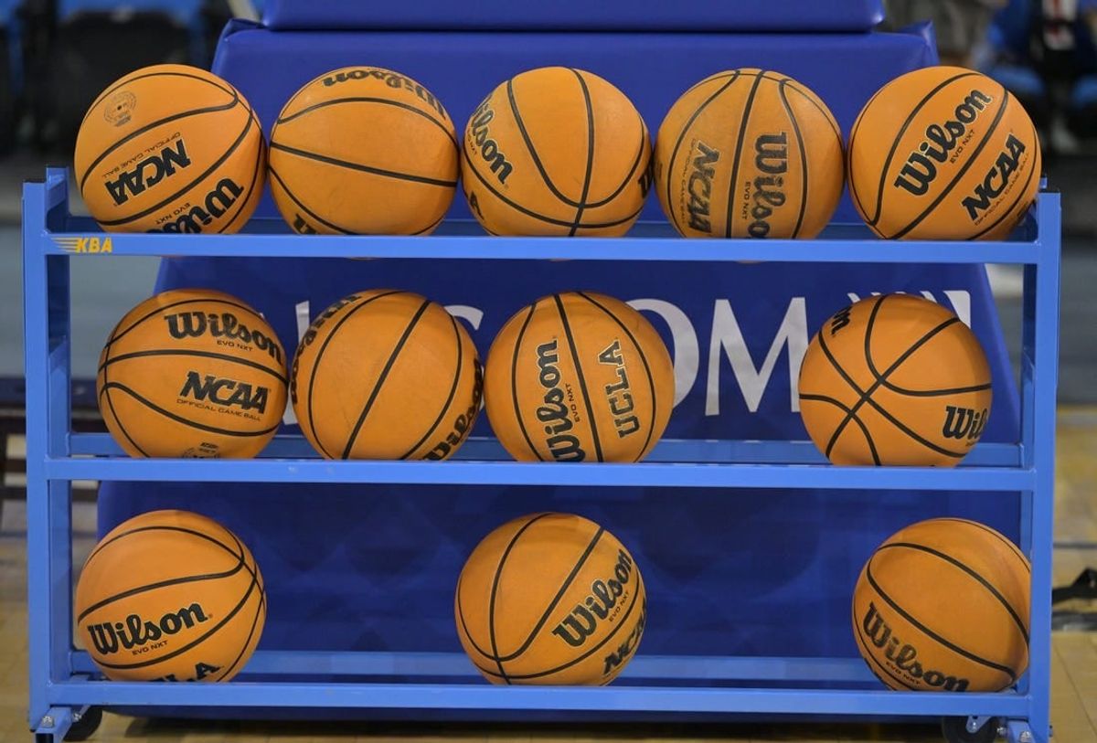 Feb 16, 2023; Los Angeles, California, USA; General view of NCAA Pac 12 basketballs on the court at Pauley Pavilion presented by Wescom.