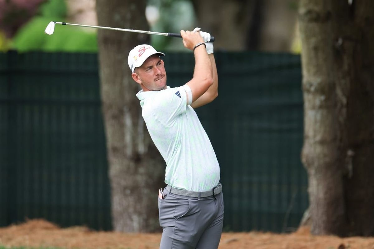 Jun 23, 2023; Cromwell, Connecticut, USA; Lucas Herbert plays his shot from the eighth tee during the second round of the Travelers Championship golf tournament.