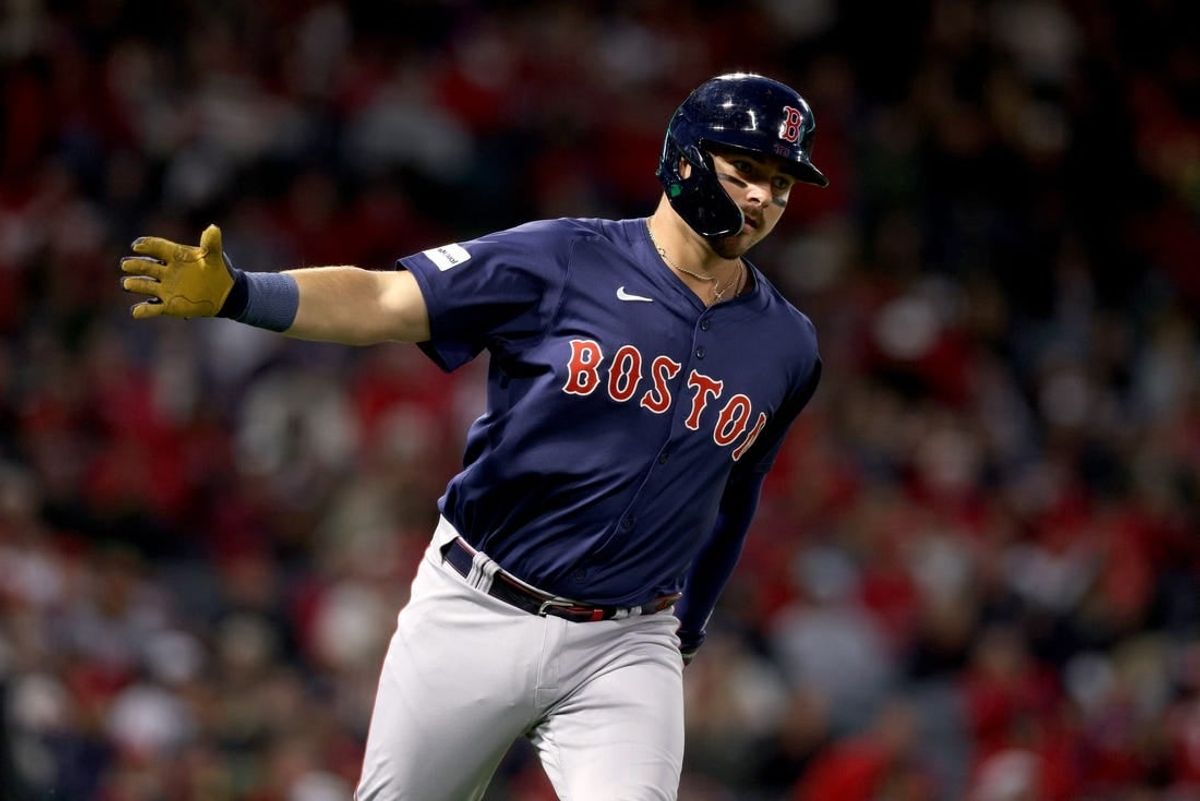 Apr Apr 5, 2024; Anaheim, California, USA; Boston Red Sox catcher Reese McGuire (3) reacts after hitting a home run during the second inning against the Los Angeles Angels at Angel Stadium.