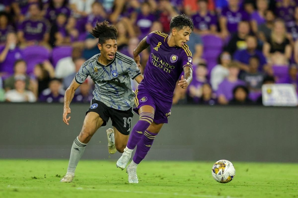 Sep 30, 2023; Orlando, Florida, USA;  Orlando City SC forward Facundo Torres (17) controls the ball from CF Montreal midfielder Nathan-Dylan Saliba (19) in the second half at Exploria Stadium.