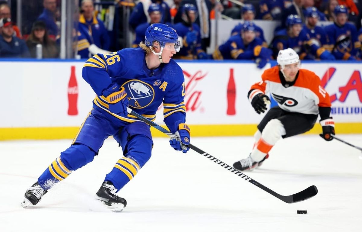 Apr 5, 2024; Buffalo, New York, USA;  Buffalo Sabres defenseman Rasmus Dahlin (26) skates with the puck during the first period against the Philadelphia Flyers at KeyBank Center.