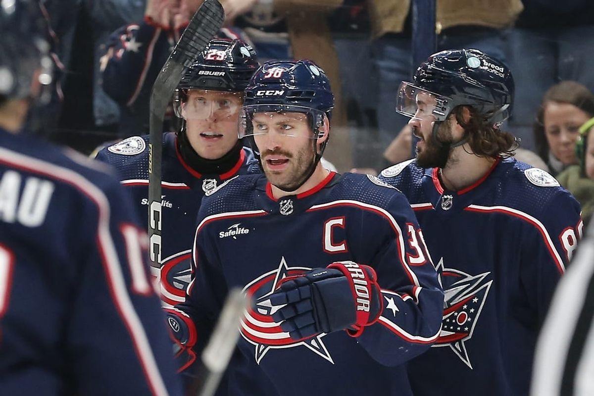 Nov 22, 2023; Columbus, Ohio, USA; Columbus Blue Jackets center Boone Jenner (38) celebrates his goal against the Chicago Blackhawks during the first period at Nationwide Arena.