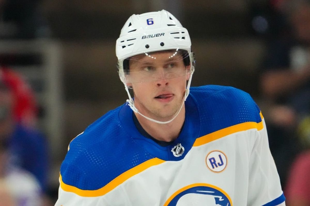 Nov 7, 2023; Raleigh, North Carolina, USA;  Buffalo Sabres defenseman Erik Johnson (6) looks on against the Carolina Hurricanes during the third period at PNC Arena.