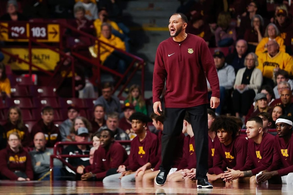Nov 6, 2023; Minneapolis, Minnesota, USA; Minnesota Golden Gophers head coach Ben Johnson reacts during the first half against the Bethune-Cookman Wildcats at Williams Arena.