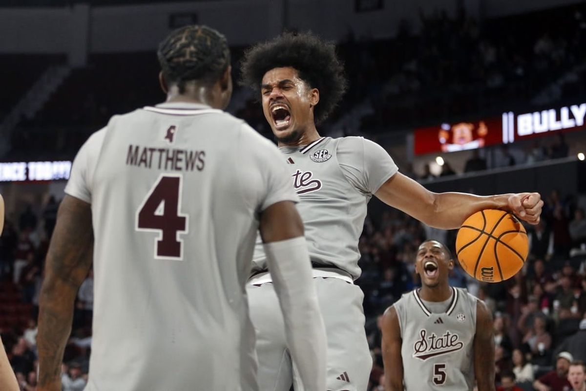 Feb 7, 2024; Starkville, Mississippi, USA; Mississippi State Bulldogs forward Tolu Smith (1) reacts after a dunk during the second half against the Georgia Bulldogs at Humphrey Coliseum.