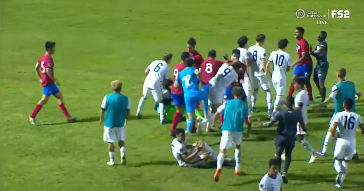 The USMNT and Costa Rican U-20 mens teams brawl after the final whistle on Tuesday .