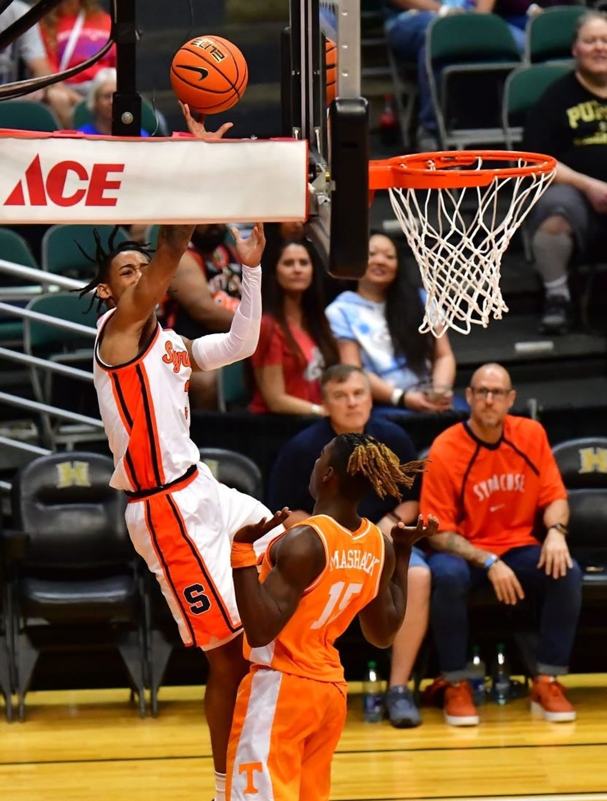 Nov 20, 2023; Honolulu, Hawaii, USA;  Syracuse Orange guard Judah Mintz (3) attempted a shot while defended by Tennessee Volunteers guard Jahmai Mashack (15) during the second period at SimpliFi Arena at Stan Sheriff Center.