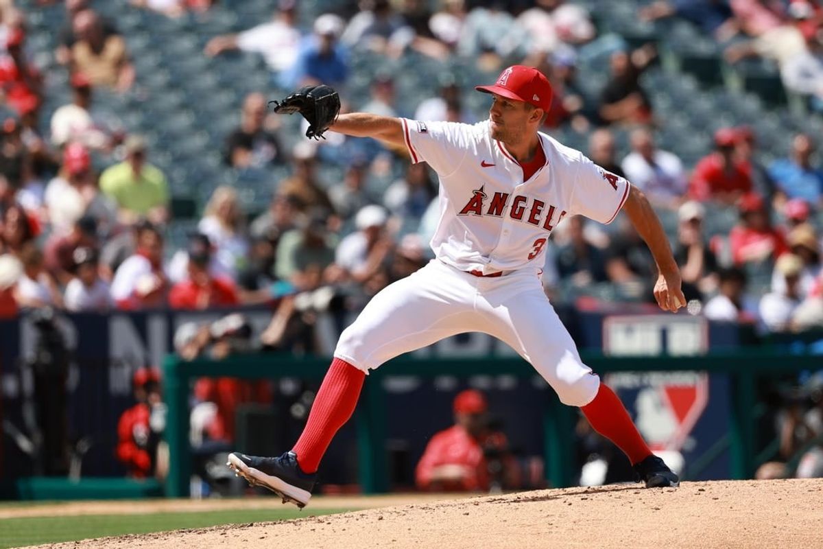 Apr 24, 2024; Anaheim, California, USA;  Los Angeles Angels pitcher Tyler Anderson (31) pitches during the fifth inning against the Baltimore Orioles at Angel Stadium.