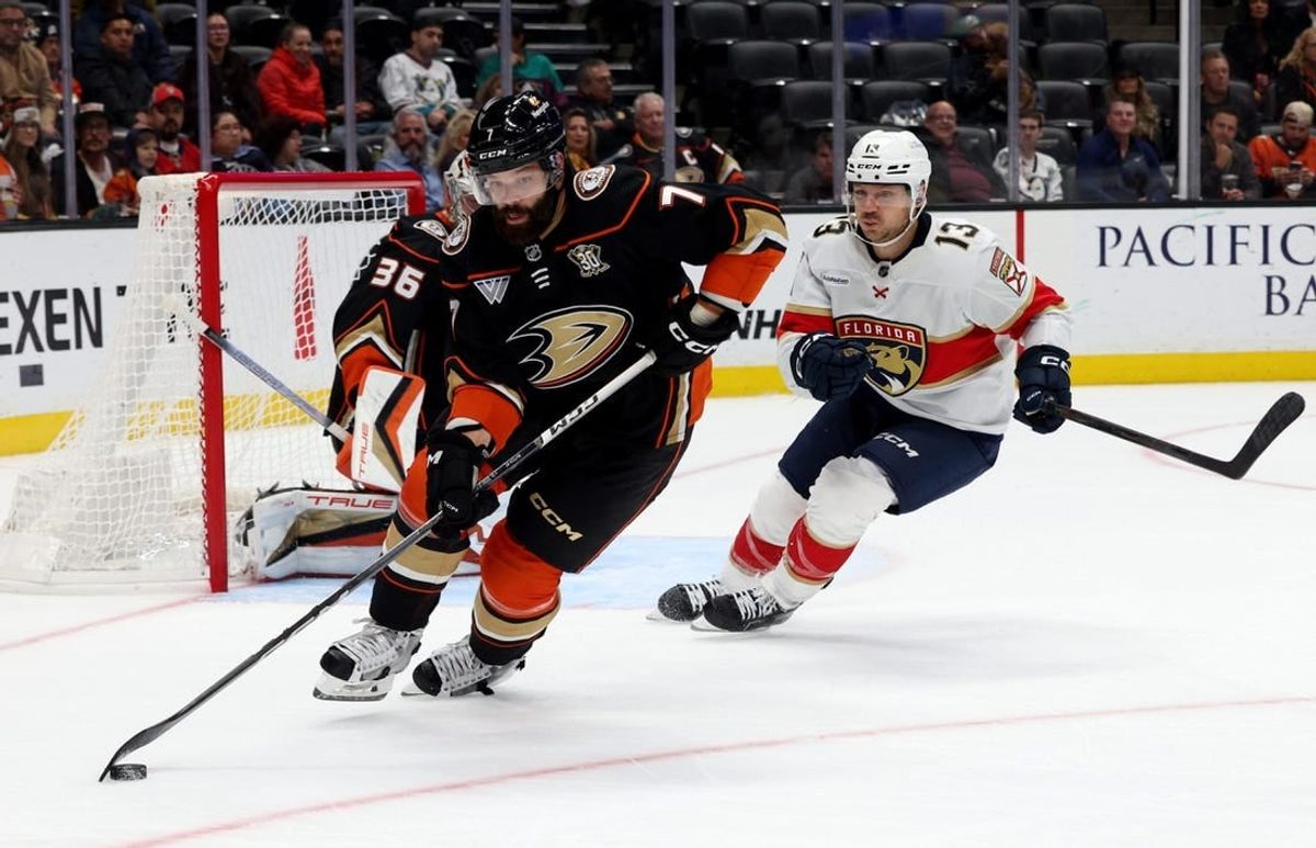 Nov 17, 2023; Anaheim, California, USA; Anaheim Ducks defenseman Radko Gudas (7) skates against Florida Panthers center Sam Reinhart (13) during the third period at Honda Center.