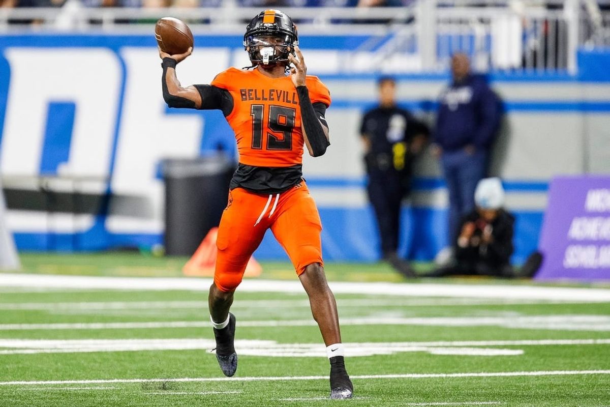 Belleville quarterback Bryce Underwood makes a pass against Southfield A&T during the first half of the Division 1 state final at Ford Field in Detroit on Sunday, Nov. 26, 2023.