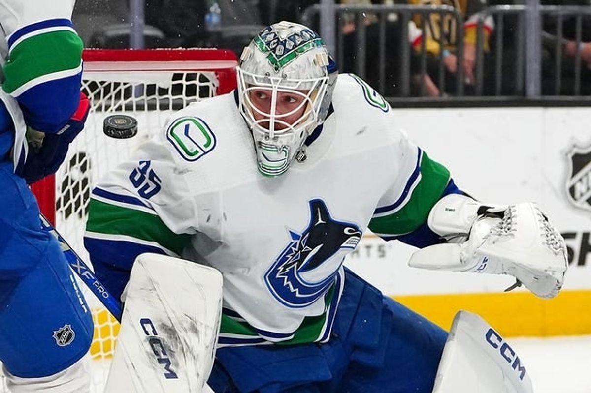 Mar 7, 2024; Las Vegas, Nevada, USA; Vancouver Canucks goaltender Thatcher Demko (35) makes a save against the Vegas Golden Knights during the second period at T-Mobile Arena.
