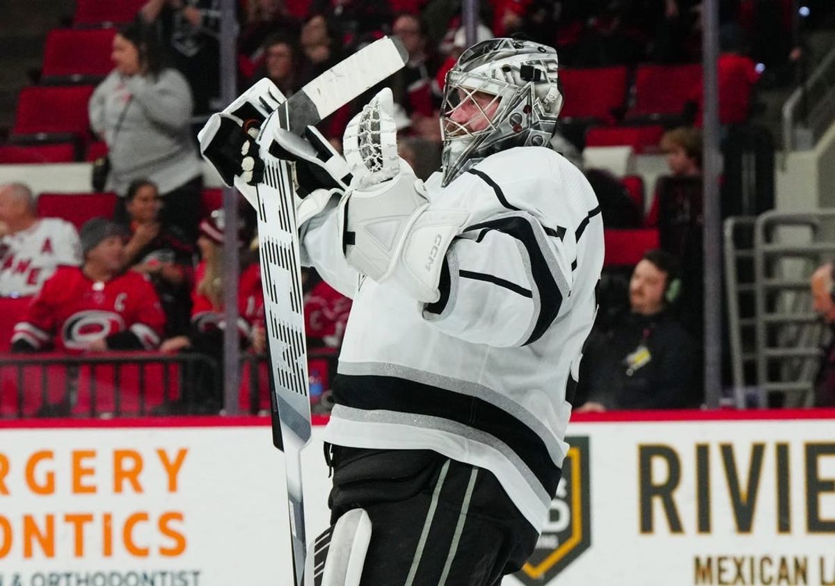 Jan 15, 2024; Raleigh, North Carolina, USA; Los Angeles Kings goaltender David Rittich (31) celebrates his victory against the Carolina Hurricanes at PNC Arena.