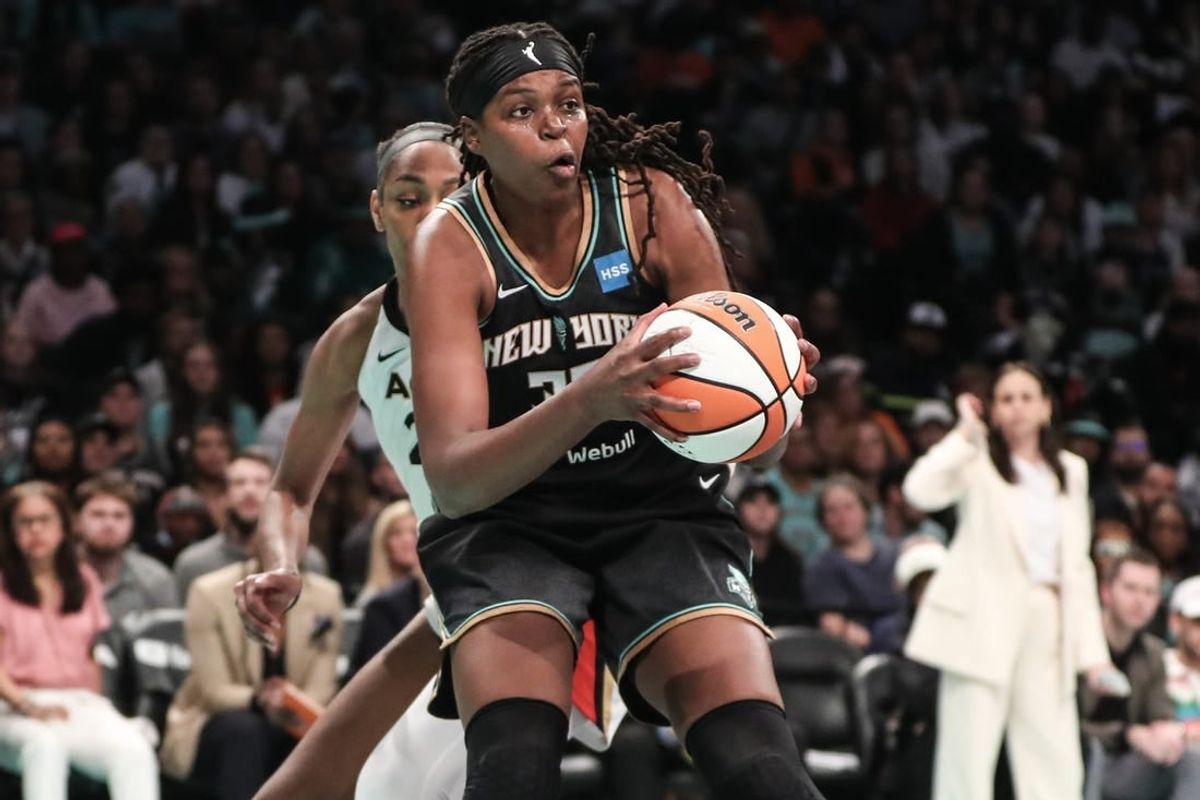 Oct 15, 2023; Brooklyn, New York, USA; New York Liberty forward Jonquel Jones (35) grabs a rebound against the Las Vegas Aces in the second quarter during game three of the 2023 WNBA Finals at Barclays Center.