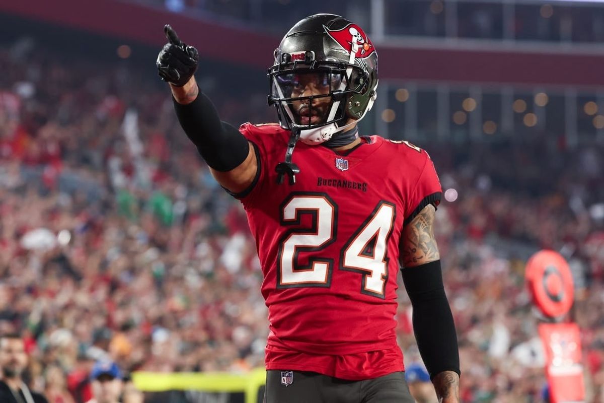 Jan 15, 2024; Tampa, Florida, USA; Tampa Bay Buccaneers cornerback Carlton Davis III (24) gestures after a play against the Philadelphia Eagles during the second half of a 2024 NFC wild card game at Raymond James Stadium.