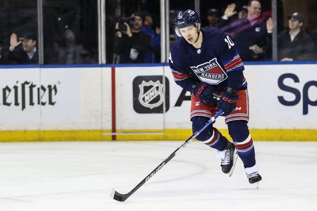 Apr 3, 2024; New York, New York, USA; New York Rangers left wing Artemi Panarin (10) skates back to there bench after scoring a goal in the first period against the New Jersey Devils at Madison Square Garden.