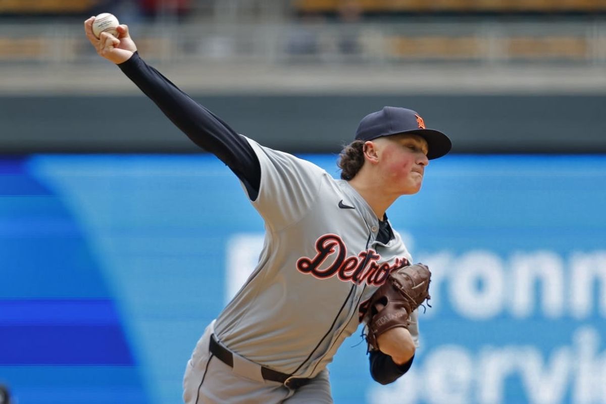 Apr 20, 2024; Minneapolis, Minnesota, USA; Detroit Tigers starting pitcher Reese Olson (45) throws to the Minnesota Twins in the first inning at Target Field.