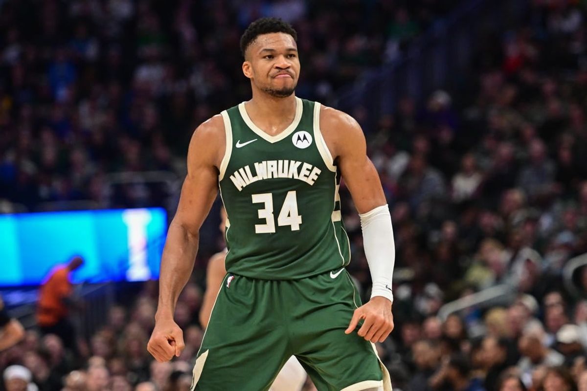 Dec 21, 2023; Milwaukee, Wisconsin, USA;  Milwaukee Bucks forward Giannis Antetokounmpo (34) reacts after scoring a basket in the second quarter against the Orlando Magic at Fiserv Forum.