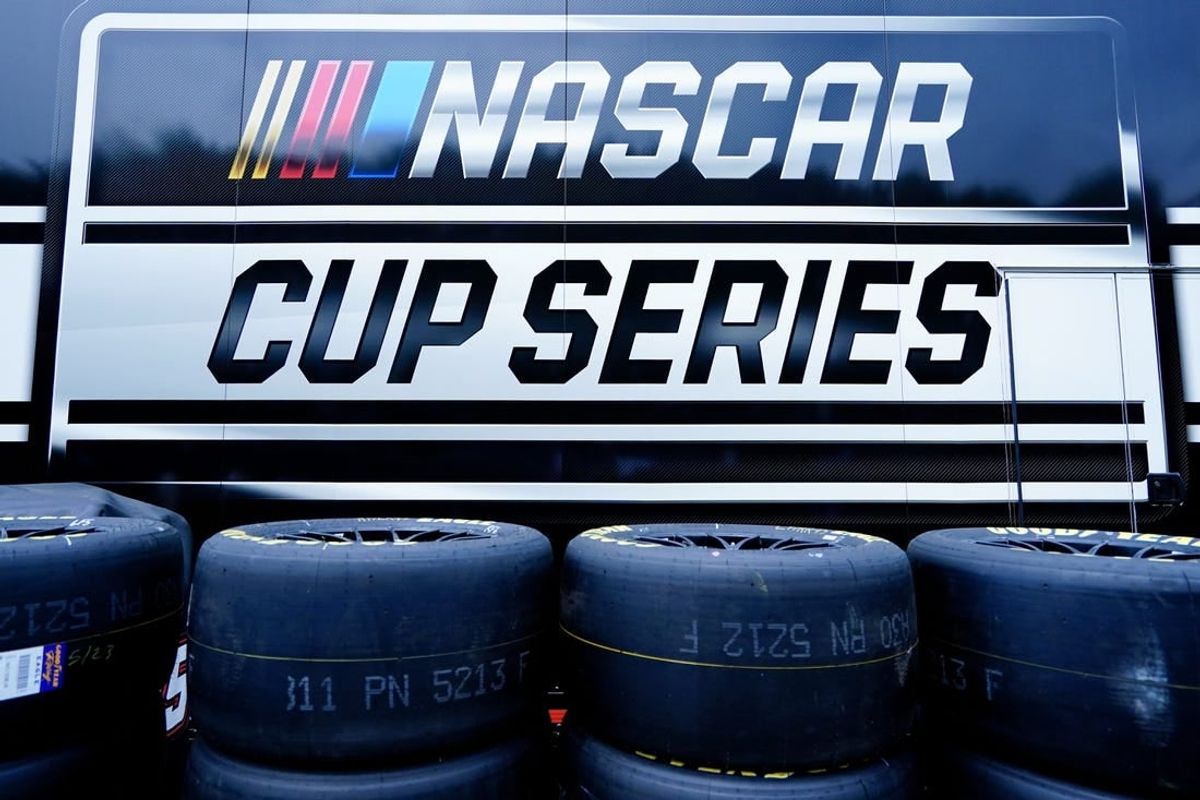 Jul 1, 2023; Chicago, Illinois, USA; A detail view of tires in front of a NASCAR Cup Series hauler on Columbus Drive during practice and qualifying for the Chicago Street Race.