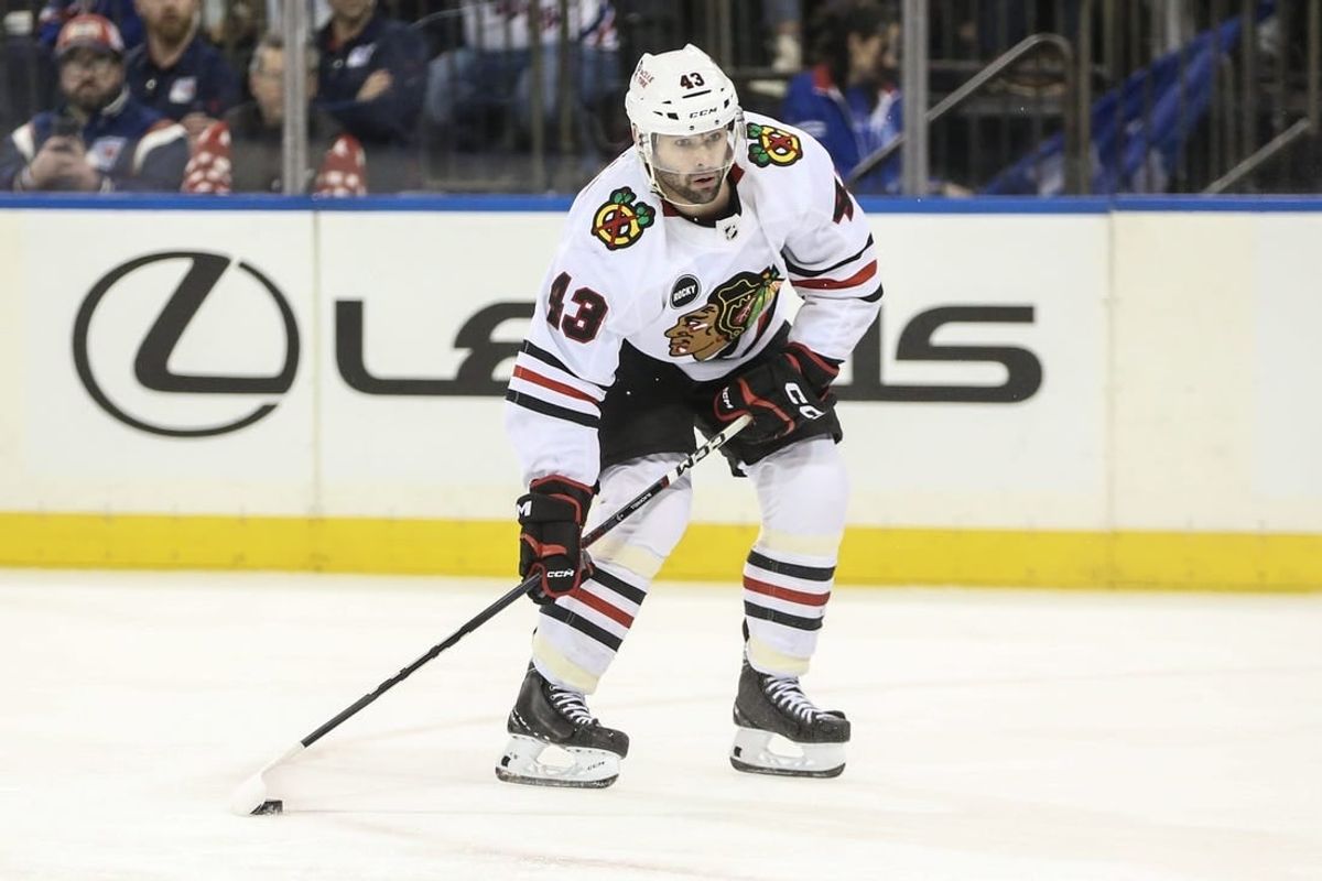 Jan 4, 2024; New York, New York, USA; Chicago Blackhawks center Colin Blackwell (43) controls the puck in the third period against the New York Rangers at Madison Square Garden.