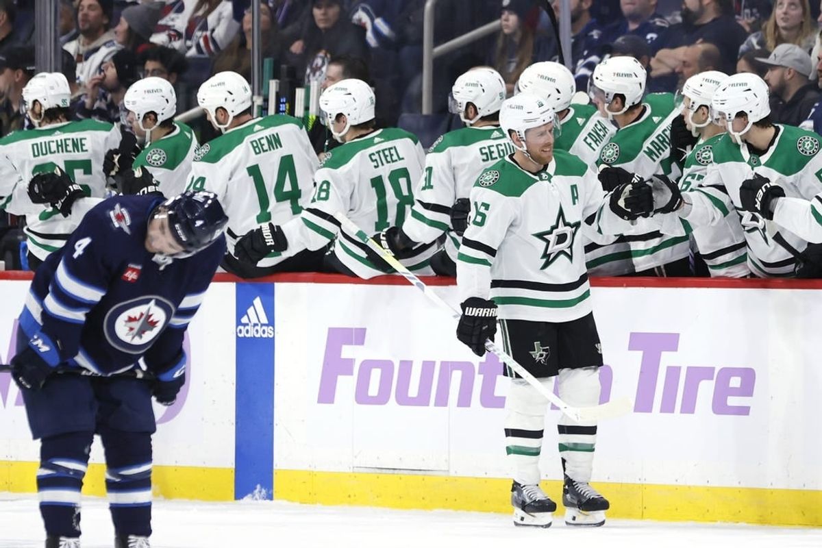 Nov 28, 2023; Winnipeg, Manitoba, CAN; Dallas Stars center Joe Pavelski (16) celebrates his second period goal against the Winnipeg Jets at Canada Life Centre.