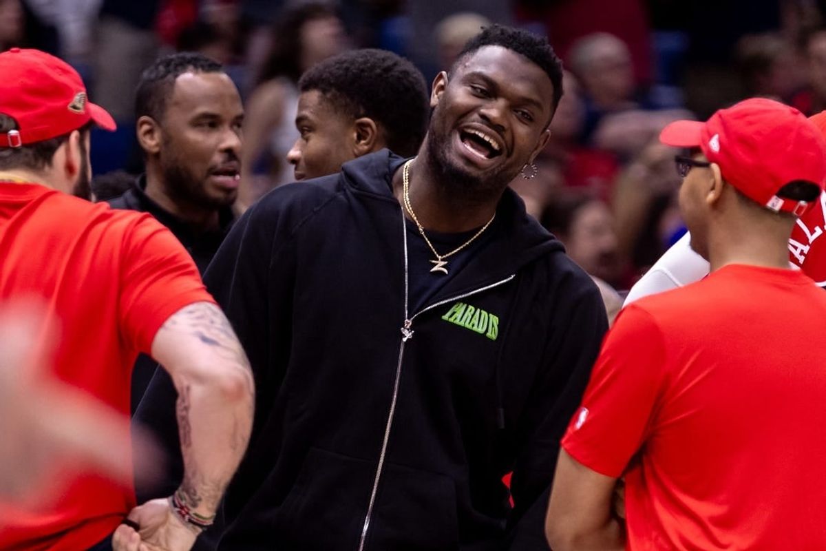 Apr 19, 2024; New Orleans, Louisiana, USA;  New Orleans Pelicans forward Zion Williamson (1) talks to the ball boys during a time out against the Sacramento Kings in the second half during a play-in game of the 2024 NBA playoffs at Smoothie King Center.