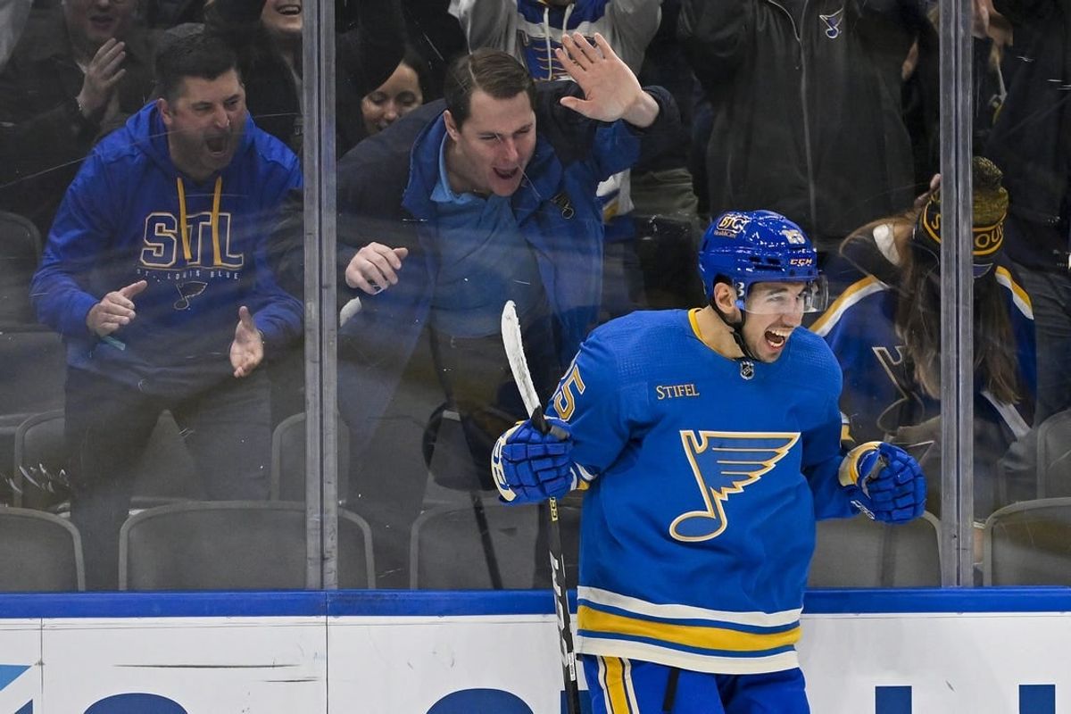 Dec 16, 2023; St. Louis, Missouri, USA;  St. Louis Blues center Jordan Kyrou (25) reacts after scoring against the Dallas Stars during the second period at Enterprise Center.