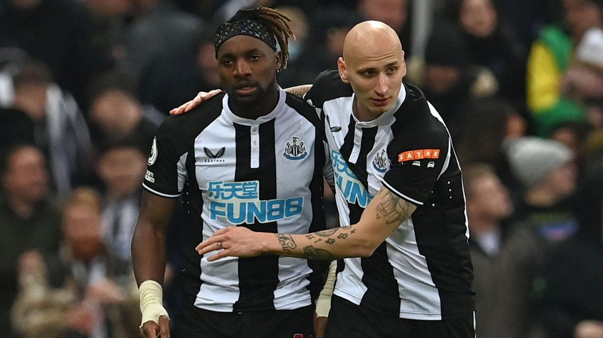 Newcastle United’s French midfielder Allan Saint-Maximin (L) celebrates scoring the opening goal with Newcastle United’s English midfielder Jonjo Shelvey during the English Premier League football match between Newcastle United and Watford.