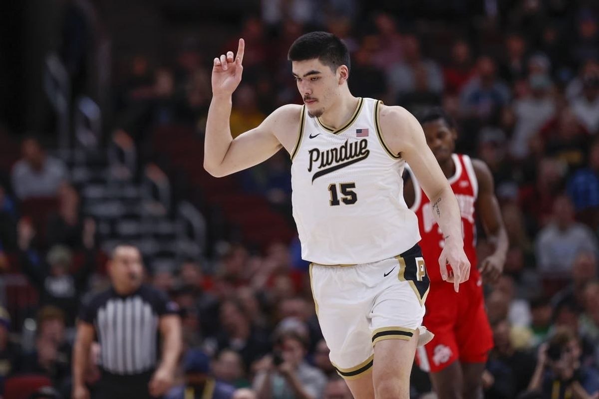 Mar 11, 2023; Chicago, IL, USA; Purdue Boilermakers center Zach Edey (15) reacts after scoring against the Ohio State Buckeyes during the first half at United Center.