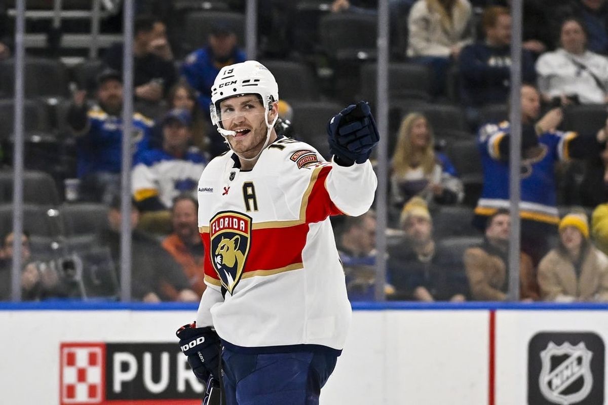 Jan 9, 2024; St. Louis, Missouri, USA;  Florida Panthers left wing Matthew Tkachuk (19) reacts after scoring a hat trick against the St. Louis Blues during the third period at Enterprise Center.