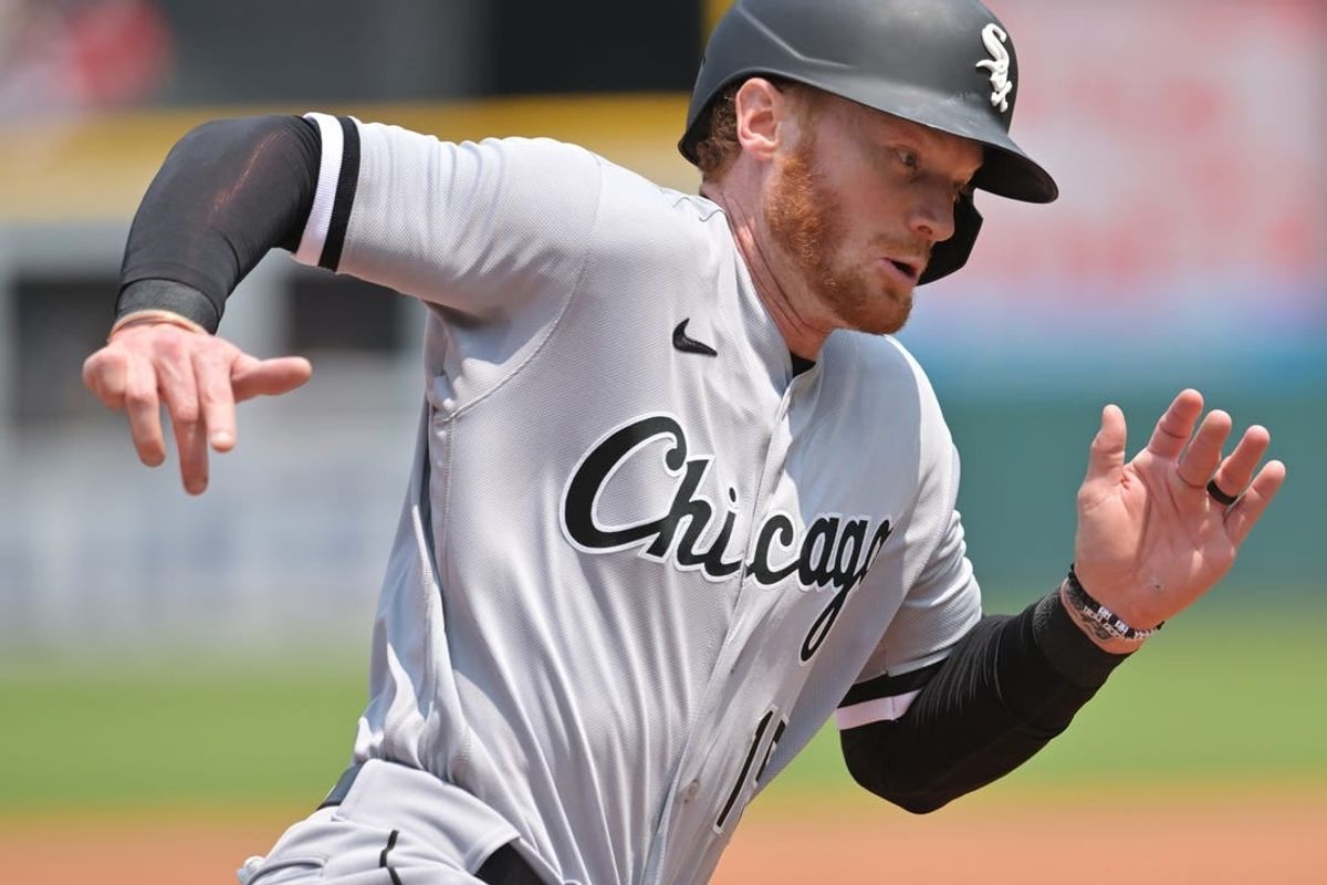 May 24, 2023; Cleveland, Ohio, USA; Chicago White Sox center fielder Clint Frazier (15) rounds third base en route to scoring during the third inning against the Cleveland Guardians at Progressive Field.