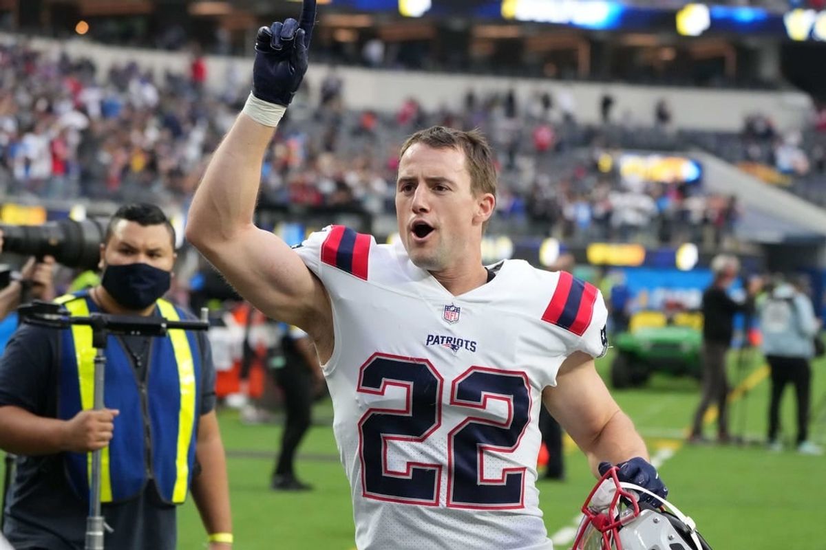 Oct 31, 2021; Inglewood, California, USA;New England Patriots defensive back Cody Davis (22) reacts after the game against the Los Angeles Chargers at SoFi Stadium. The Patriots defeated the Chargers 27-24.