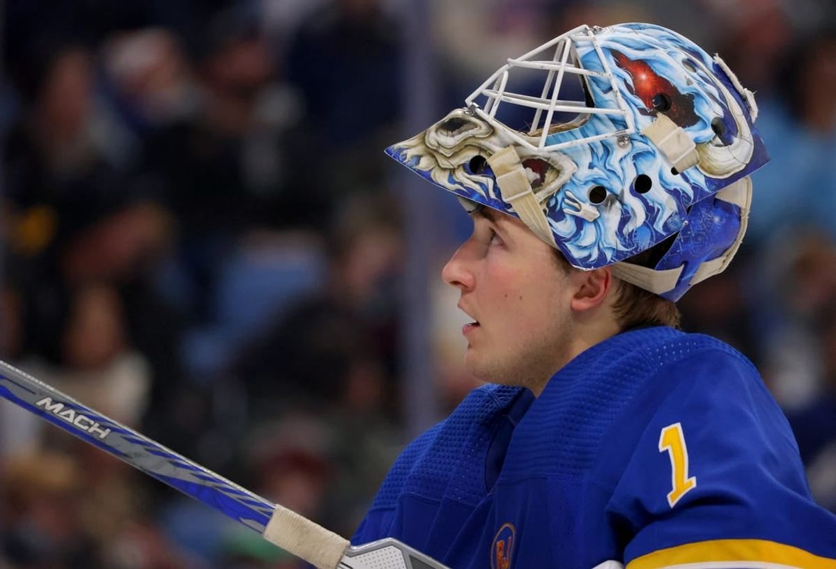 Jan 13, 2024; Buffalo, New York, USA;  Buffalo Sabres goaltender Ukko-Pekka Luukkonen (1) during a stoppage in play against the Vancouver Canucks during the third period at KeyBank Center.