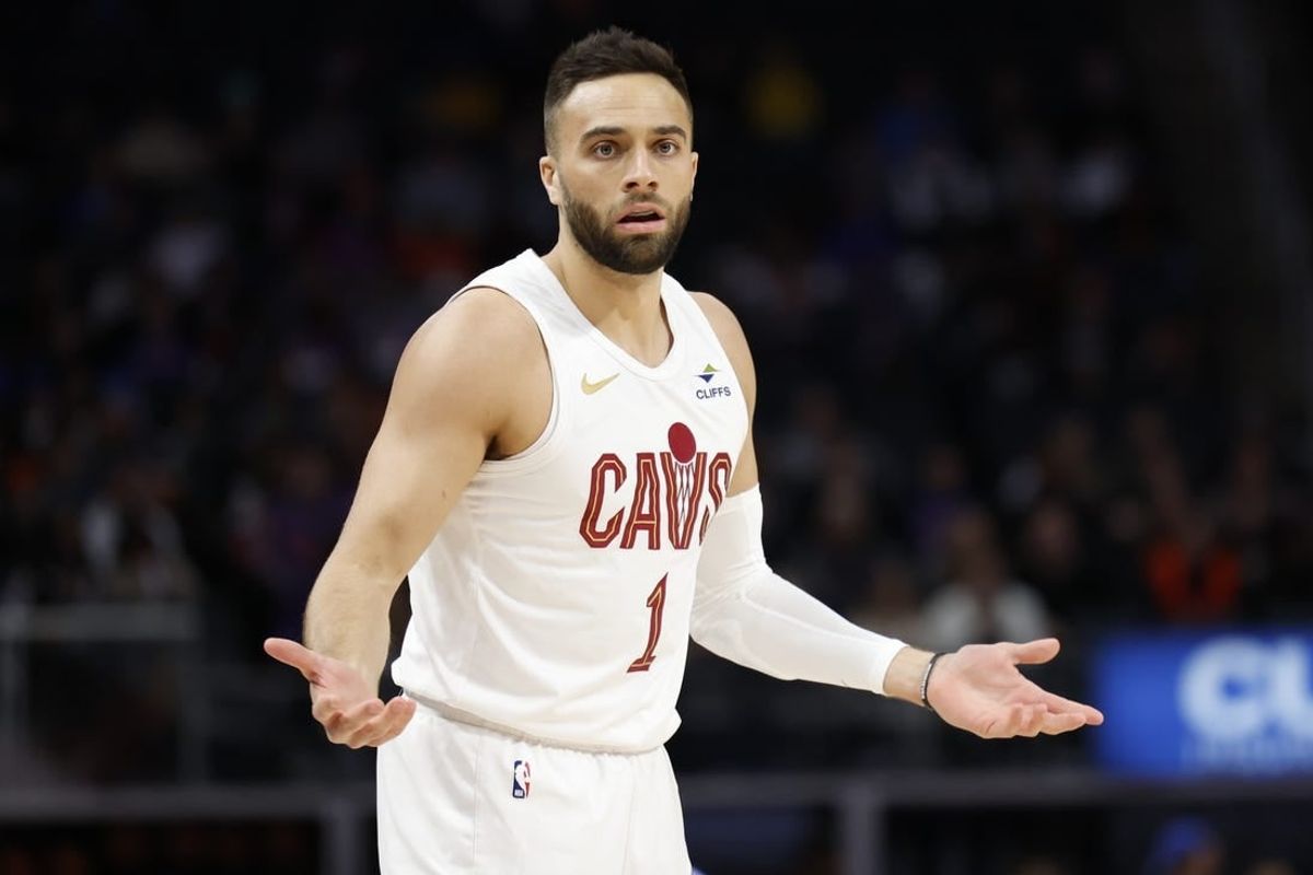 Mar 1, 2024; Detroit, Michigan, USA;  Cleveland Cavaliers guard Max Strus (1) reacts during the first half against the Detroit Pistons at Little Caesars Arena.