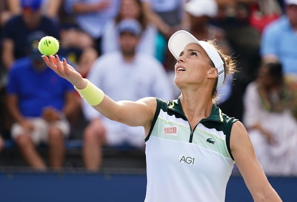 Aug 30, 2023; Flushing, NY, USA; Bernarda Pera of the United States serves against Xiyu Wang of China on day three of the 2023 U.S. Open tennis tournament at the USTA Billie Jean King National Tennis Center.