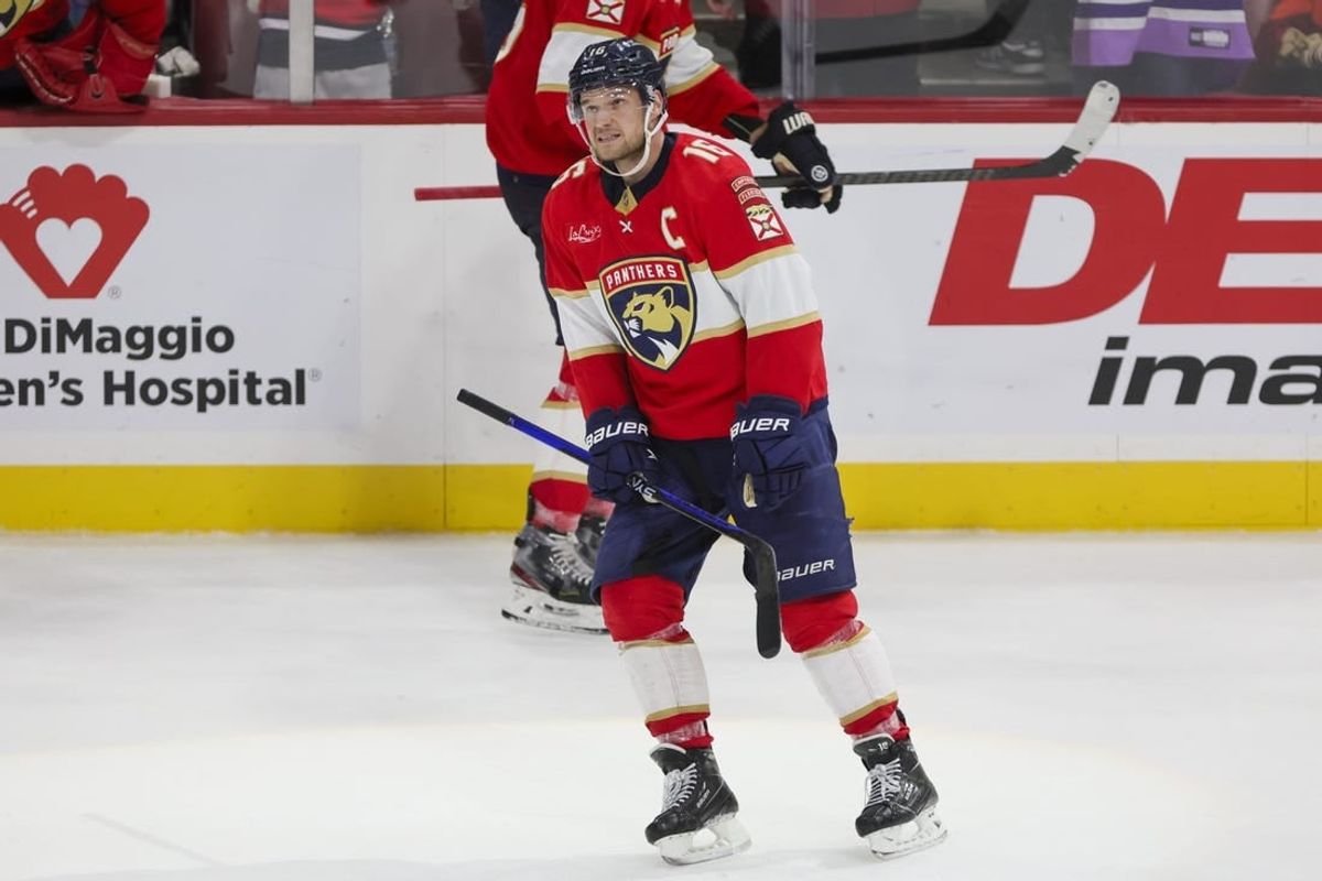 Dec 8, 2023; Sunrise, Florida, USA; Florida Panthers center Aleksander Barkov (16) looks on after scoring on an empty net against the Pittsburgh Penguins during the third period at Amerant Bank Arena.