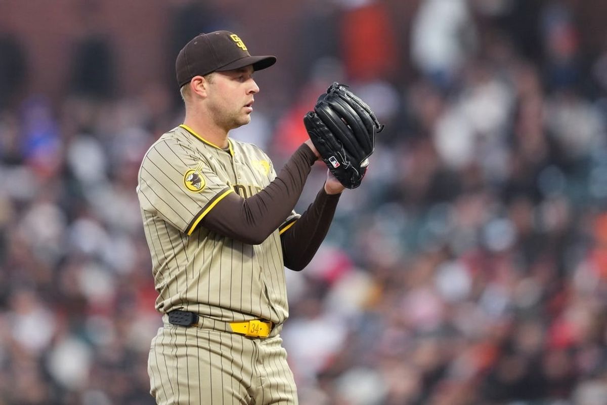 Apr 6, 2024; San Francisco, California, USA; San Diego Padres starting pitcher Michael King (34) stands on the mound during the fifth inning against the San Francisco Giants at Oracle Park.