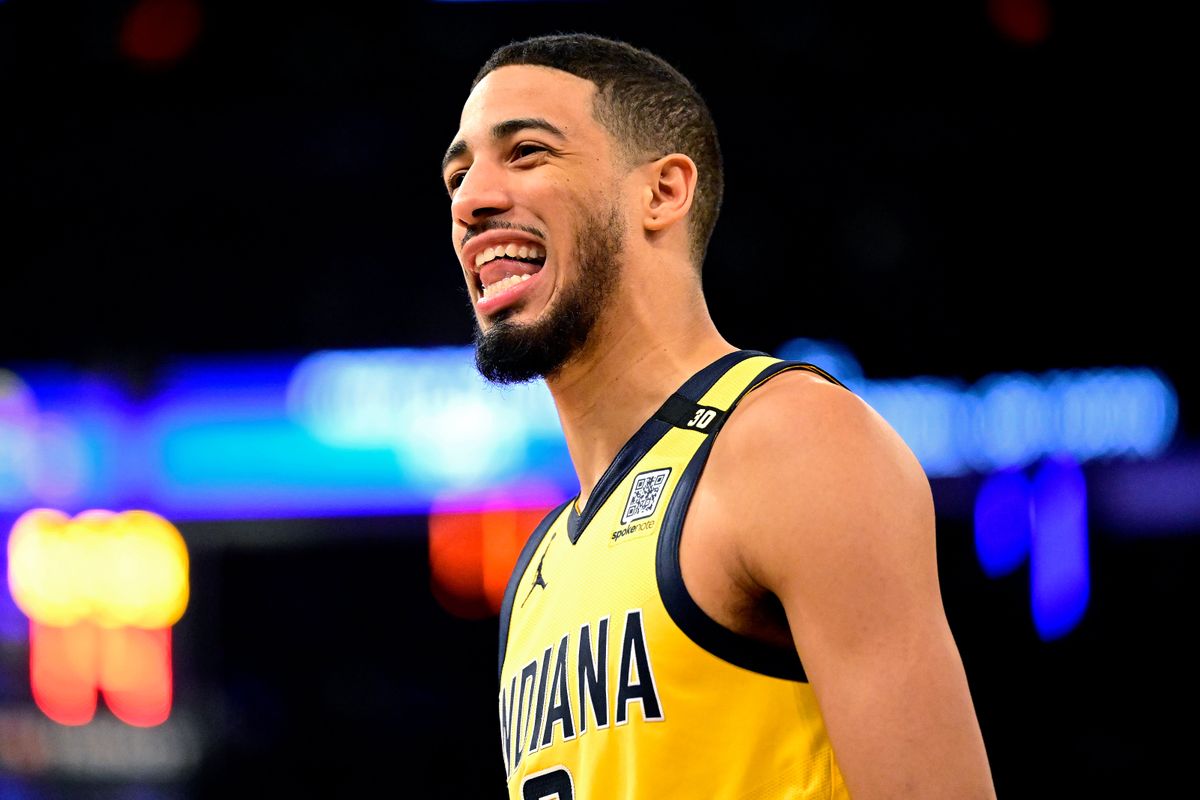 Tyrese Haliburton of the Indiana Pacers reacts during the first half against the New York Knicks at Madison Square Garden.