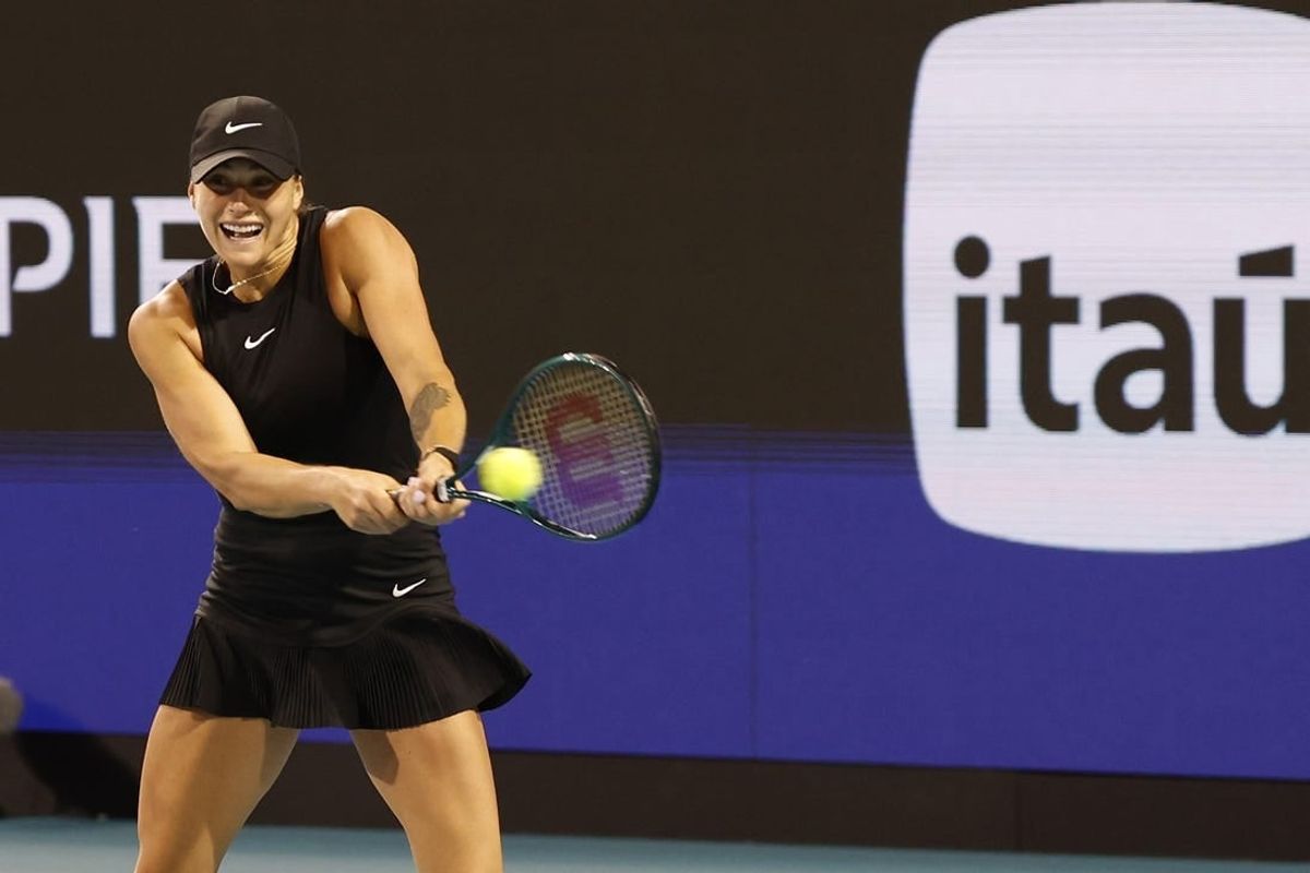 Mar 23, 2024; Miami Gardens, FL, USA; Aryna Sabalenka hits a backhand against Anhelina Kalinina (UKR) (not pictured) on day six of the Miami Open at Hard Rock Stadium.
